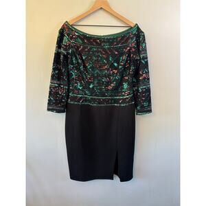 Tadashi Soji Boatneck Sleeved Green Black Sequin Cocktail Evening Dress Size 14